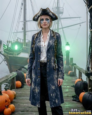 Standing on a wooden dock, a woman has on a pirate coat and hat by a tall ship