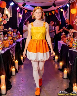 Candy corn dress on a grinning woman walking through a Halloween candy party room