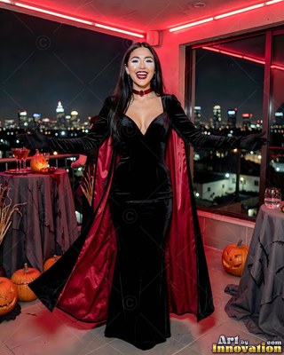 A woman in a black velvet gown opens her arms on a balcony under red neon lights