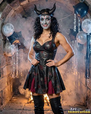 Standing front and center in a stone hall, a woman is dressed in horns and a black leather dress