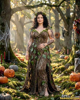 A woman in a tree bark dress stands in a sunny autumn woods near pumpkins