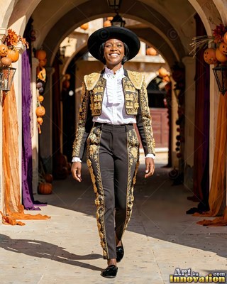 Walking forward smiling, a woman is dressed in a black and gold matador suit under arches