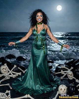 Woman in a green dress stands on a spooky beach at night