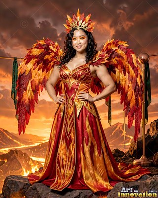 A red feather crown sits on a happy woman wearing wings on a rocky ridge
