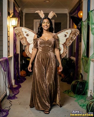 A smiling woman wears a brown velvet moth costume with wings on a porch