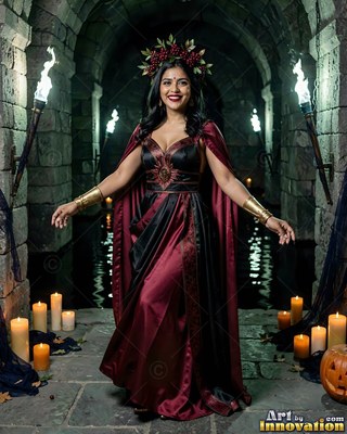 In a stone dungeon, a cheerful woman is dressed in a maroon gown and berry crown
