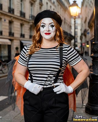 Standing on a city street, a cheerful woman wears a mime costume with a black beret