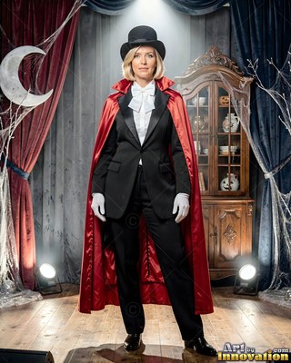Woman in a black tuxedo and red cape wearing a top hat on stage