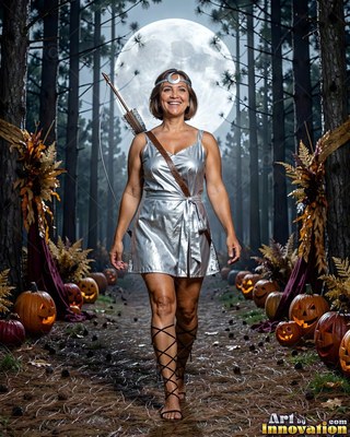A woman smiling walks forward in a short silver dress, lit by a bright full moon