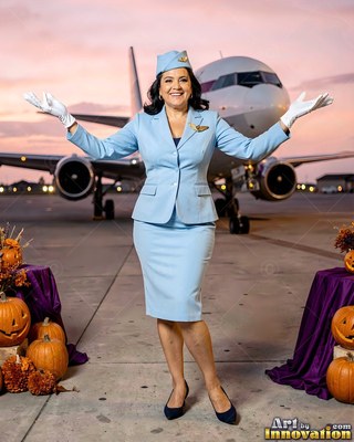 Standing with arms open on a tarmac, a woman has on a light blue flight attendant suit