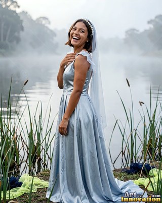 Laughing by a misty lake, a woman in a light blue satin gown and veil turns toward the camera