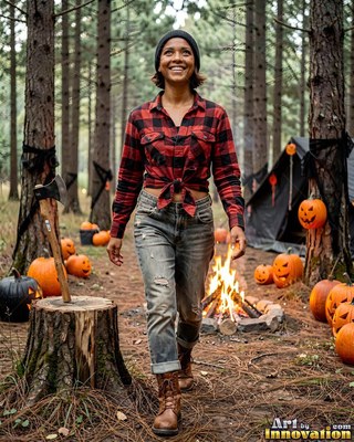Cheerful woman in a red plaid shirt walking through a pine forest