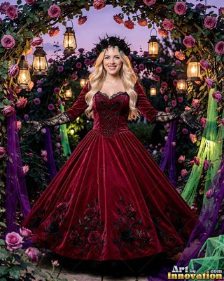 In a dark rose crown, a smiling woman in a red velvet gown stands under an arch of lanterns and roses