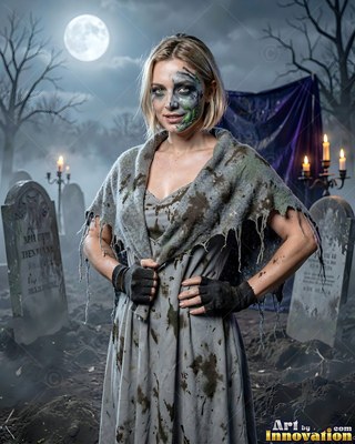 A woman in zombie makeup poses in a graveyard under pale full moonlight