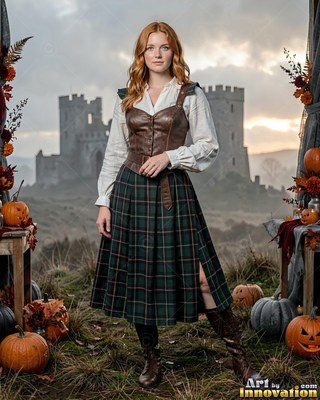 Standing in a field near a castle, a woman models a green plaid skirt