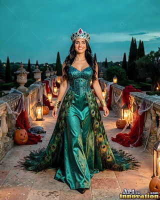 On a stone balcony with pumpkins, a cheerful woman walks in a green peacock dress