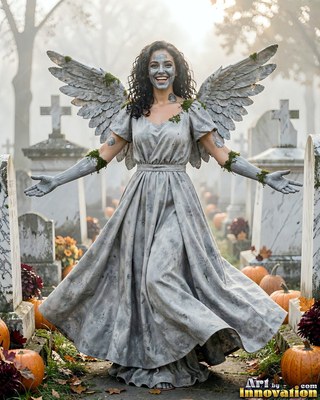 Spreading stone wings, a smiling woman dressed as a graveyard angel poses by pumpkins