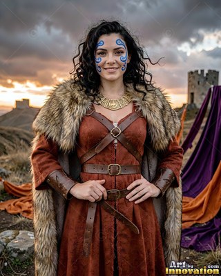 A woman in a Viking fur cloak with blue face paint