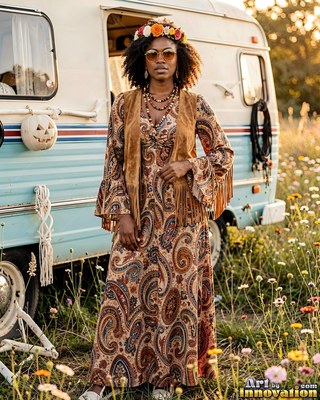 Wearing a fringe suede vest, a woman in a paisley dress stands by a camper in a flower field