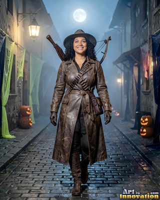 Woman smiling standing on a foggy cobblestone street in a brown leather coat