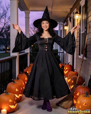 A woman smiling in a black witch costume poses on a porch with jack-o'-lanterns