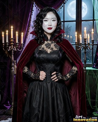 By a candelabra, a smiling woman stands in a black gown and red velvet cape