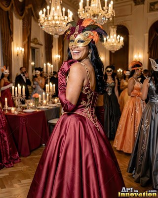 Woman smiling in a red gown and feathered mask at a ball
