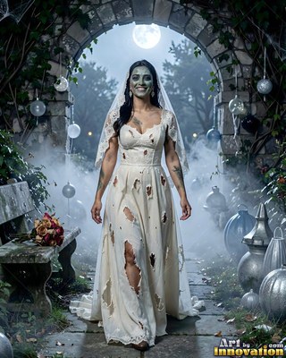 Torn white bridal gown on a zombie woman walking through a foggy stone archway at night