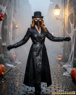 A woman in a plague doctor mask poses in a cobblestone alley by a yellow lamp