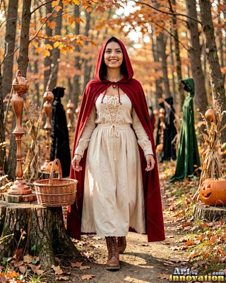 Walking through autumn woods, a smiling woman has on a hooded red cape and cream dress
