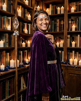 Grinning woman stands in profile by candlelit bookshelves wearing a purple robe
