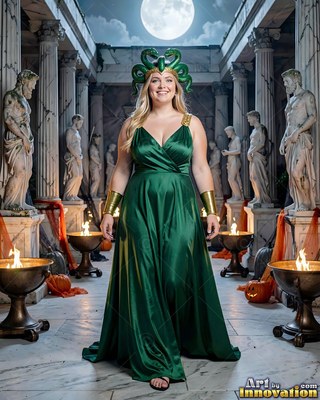 A grinning woman in a green dress and snake crown stands in a courtyard