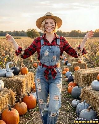 In a pumpkin patch, a happy woman in overalls poses as a scarecrow