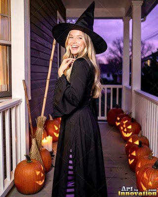 Smiling on a porch, a blonde woman wears a black witch hat and dress beside jack-o'-lanterns