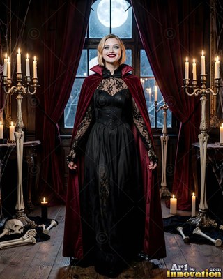 Woman in a black lace dress and dark red vampire cape by candles