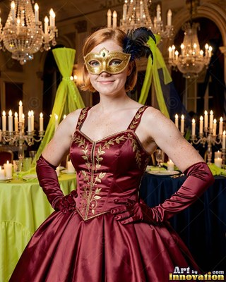 A woman in a gold mask poses with hands on her hips in a maroon gown under warm light