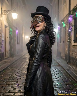 A smiling woman in a black leather coat wears a plague doctor mask on a cobblestone alley