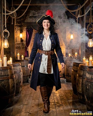 In a smoky tavern cellar, a cheerful woman walks in a navy pirate coat and tricorn hat