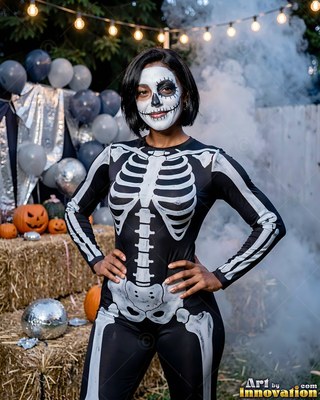 A smiling woman in a skeleton bodysuit and face paint outdoors
