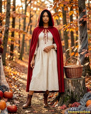 Wearing a red hooded cape, a woman stands in an autumn forest beside a basket