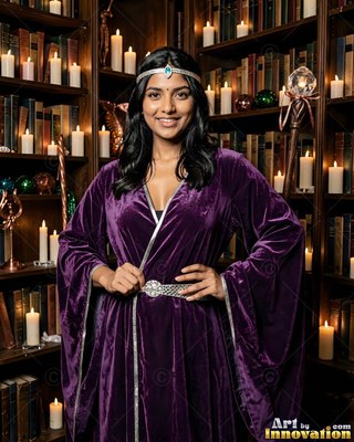 In front of candlelit bookshelves, a happy woman is dressed in a purple velvet robe