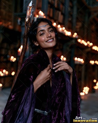 Holding a crystal staff, a smiling woman models a dark purple velvet robe