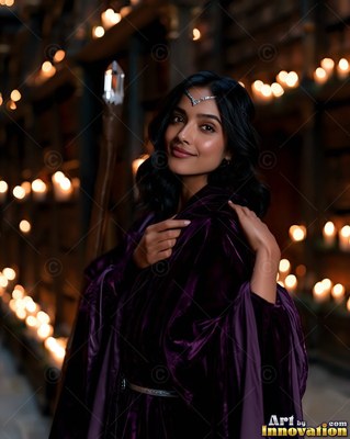 Woman in a dark purple velvet cloak holding a staff