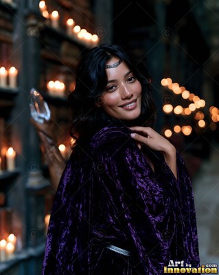 Draped in a purple velvet cape, a smiling woman stands in a dark room lit by candles