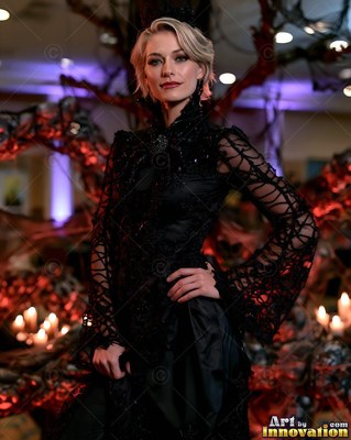 Facing forward in a dim room, a woman in a black spiderweb dress poses with hand on hip