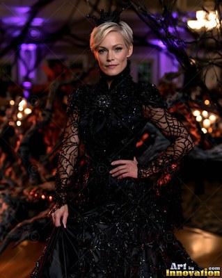 A blonde woman wears a black spiderweb gown and small crown under purple lights