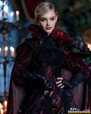 Posing near candles, a woman models a high-collared red and black vampire dress