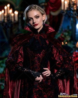 Woman in a dark red vampire cape by candles