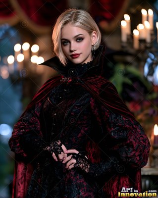 High collar on a dark red velvet cape worn by a blonde vampire woman near candles