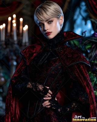 A woman strikes a pose in a dark red velvet vampire cape by soft candlelight